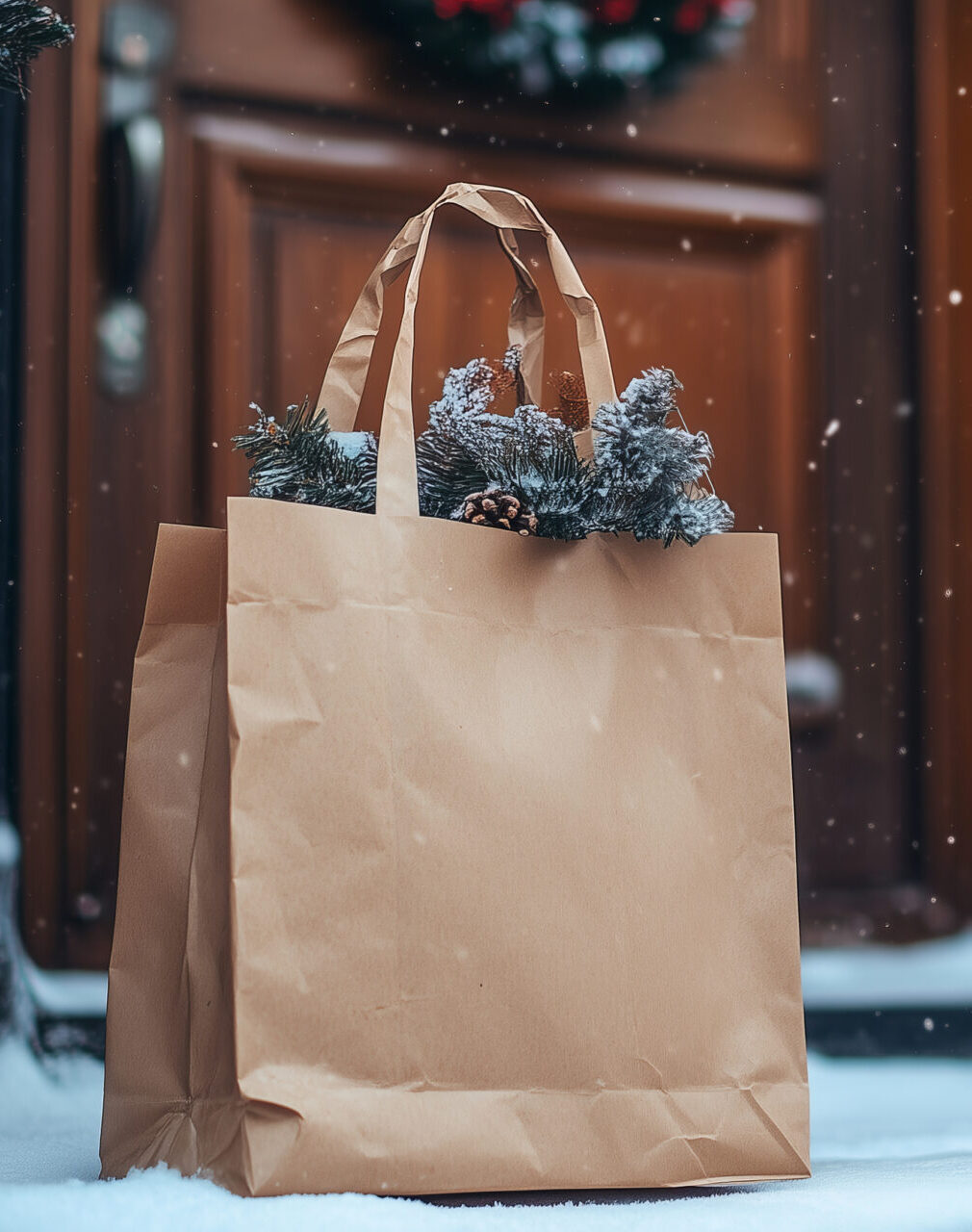 Paper bag with food delivery in front of house entrance at winter. Grocery order delivered contact free. Takeout food left at door mat. Celebrating Christmas.
