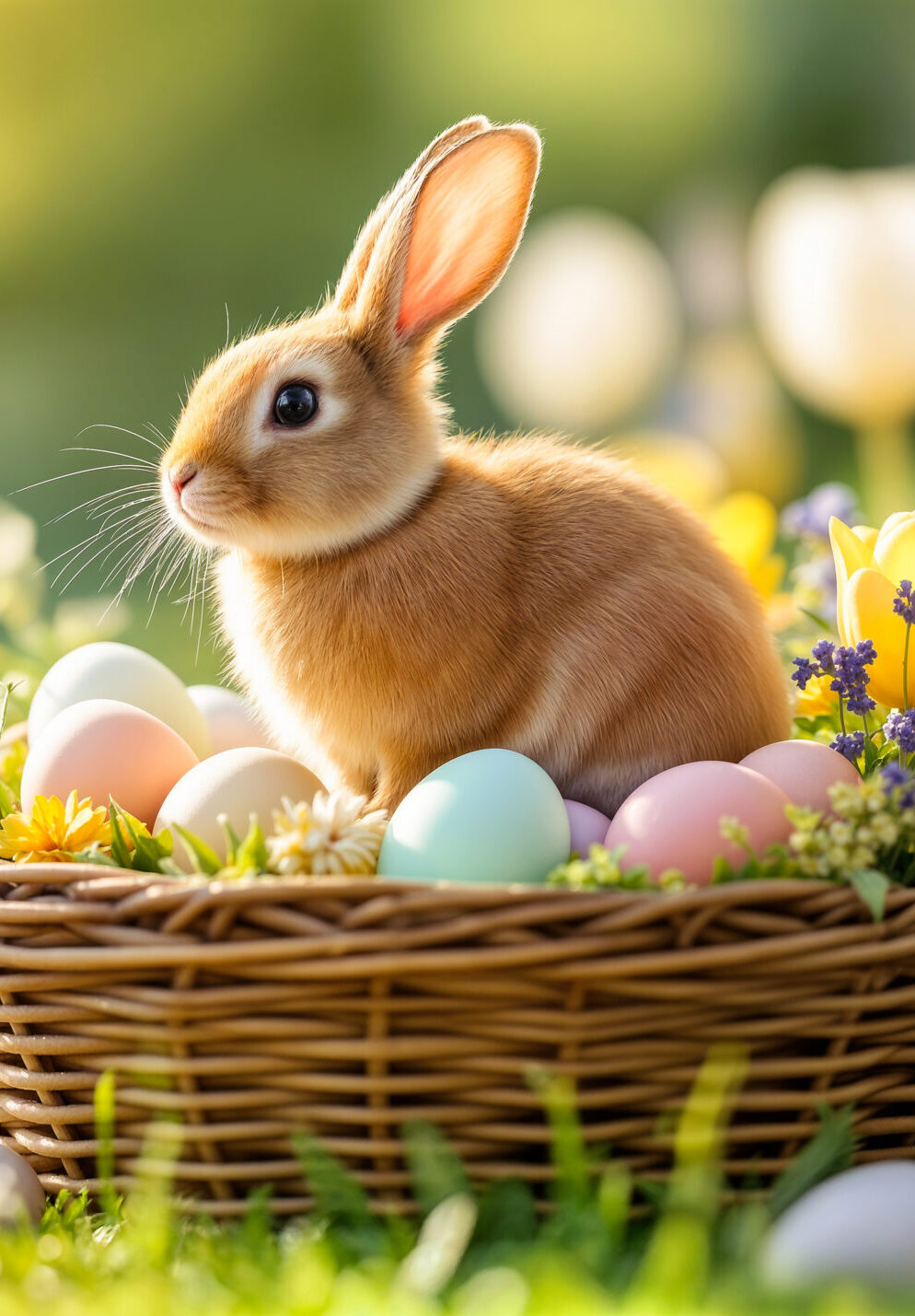 The Easter Bunny in a wicker basket with colorful Easter eggs and spring flowers in a meadow bathed in warm light